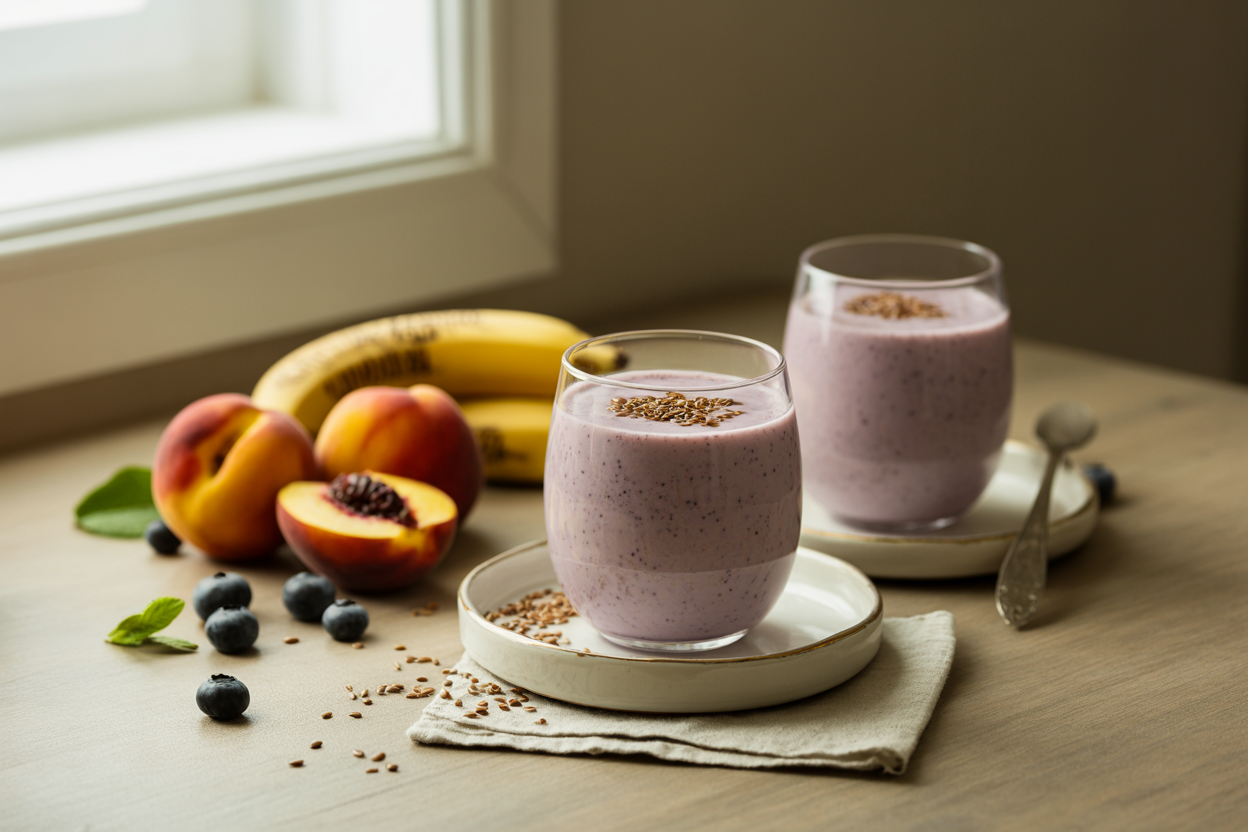 Fruit and flax smoothie with bananas, blueberries and peaches