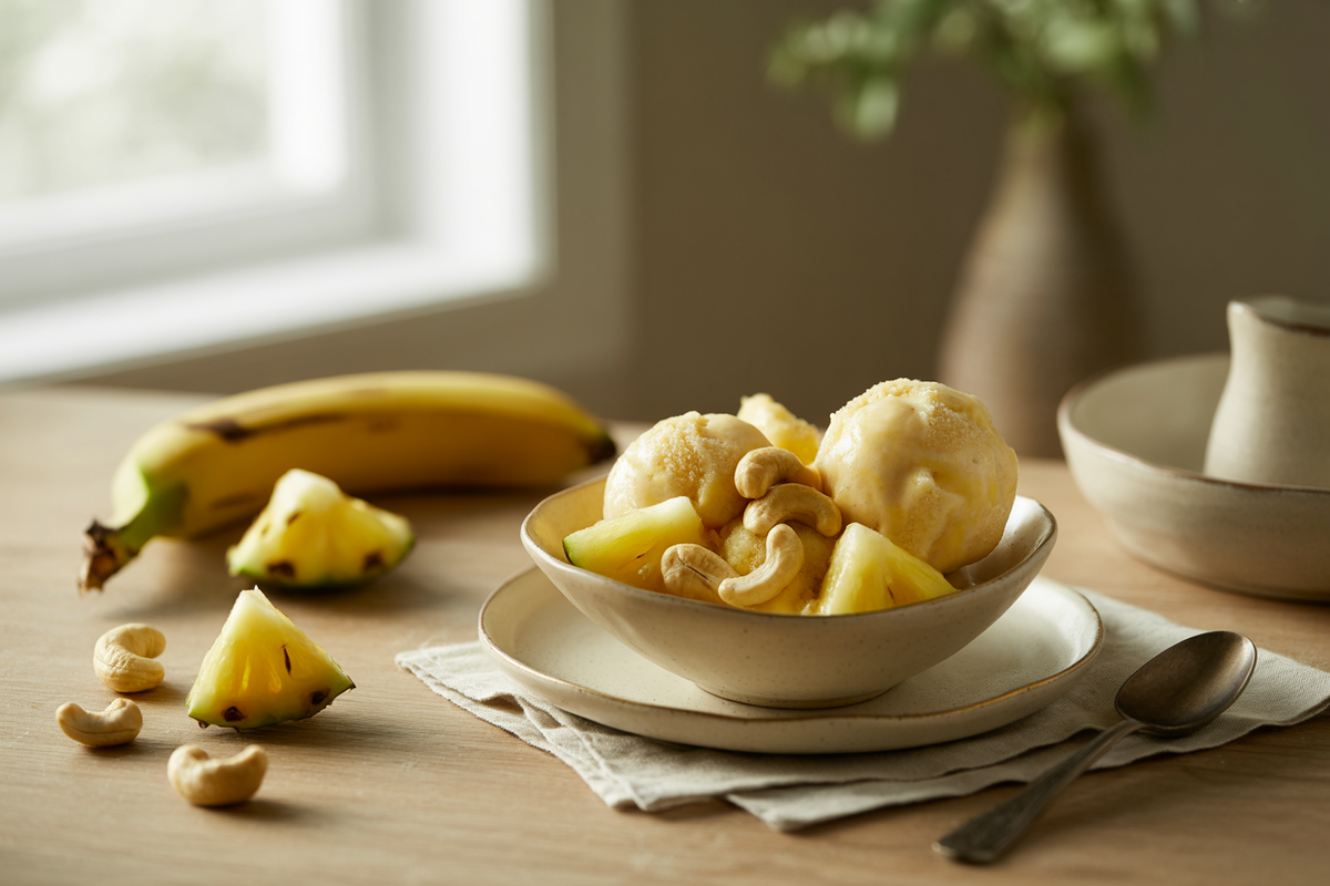 Fruit and nut ice cream made from pineapple, banana and cashews