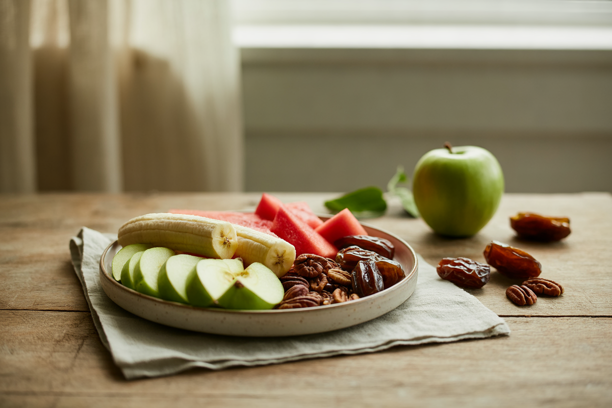 Fruit and nuts snack plate with banana, apple, watermelon, dates and pecans