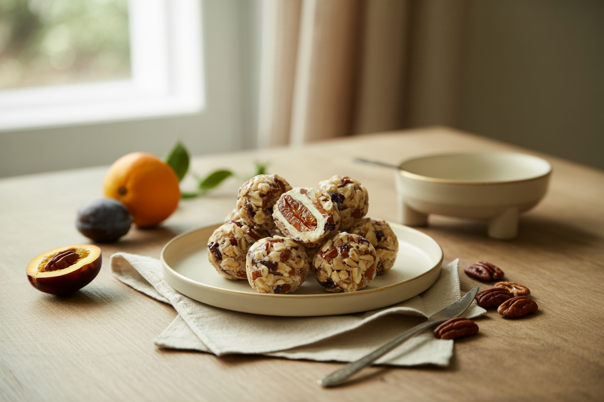 Fruit nut balls made with pecans, dried plums and dates