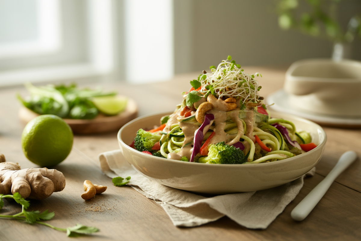 Gado gado salad with zucchini noodles, red cabbage, broccoli and almond dressing