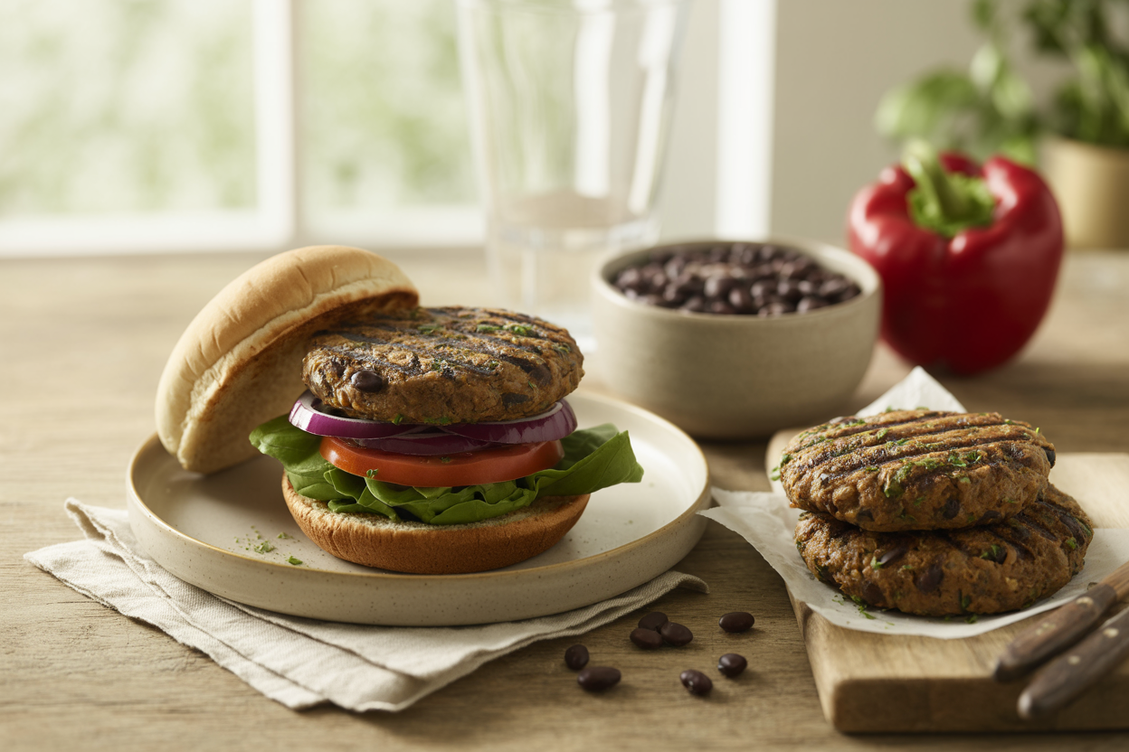 Grilled black bean veggie burgers with lettuce, tomato and onion at a cookout