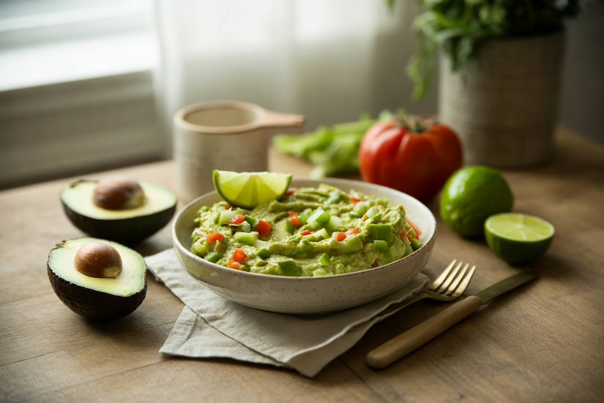 Garden fresh guacamole with tomato, red pepper and lime