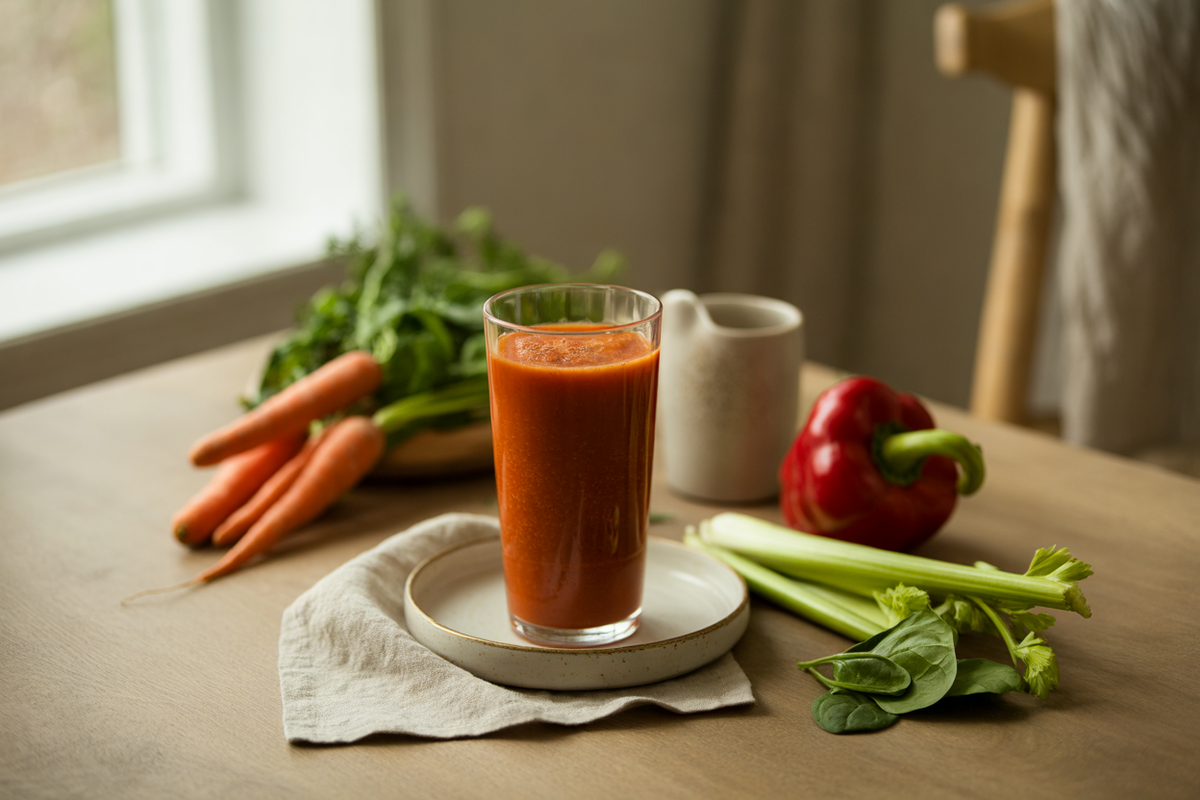 Garden surprise juice with carrots, spinach, red pepper and celery