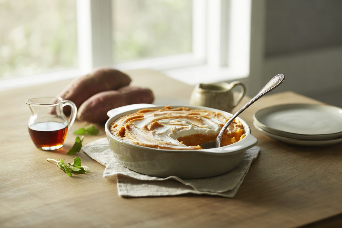 Creamy sweet potato casserole with maple syrup