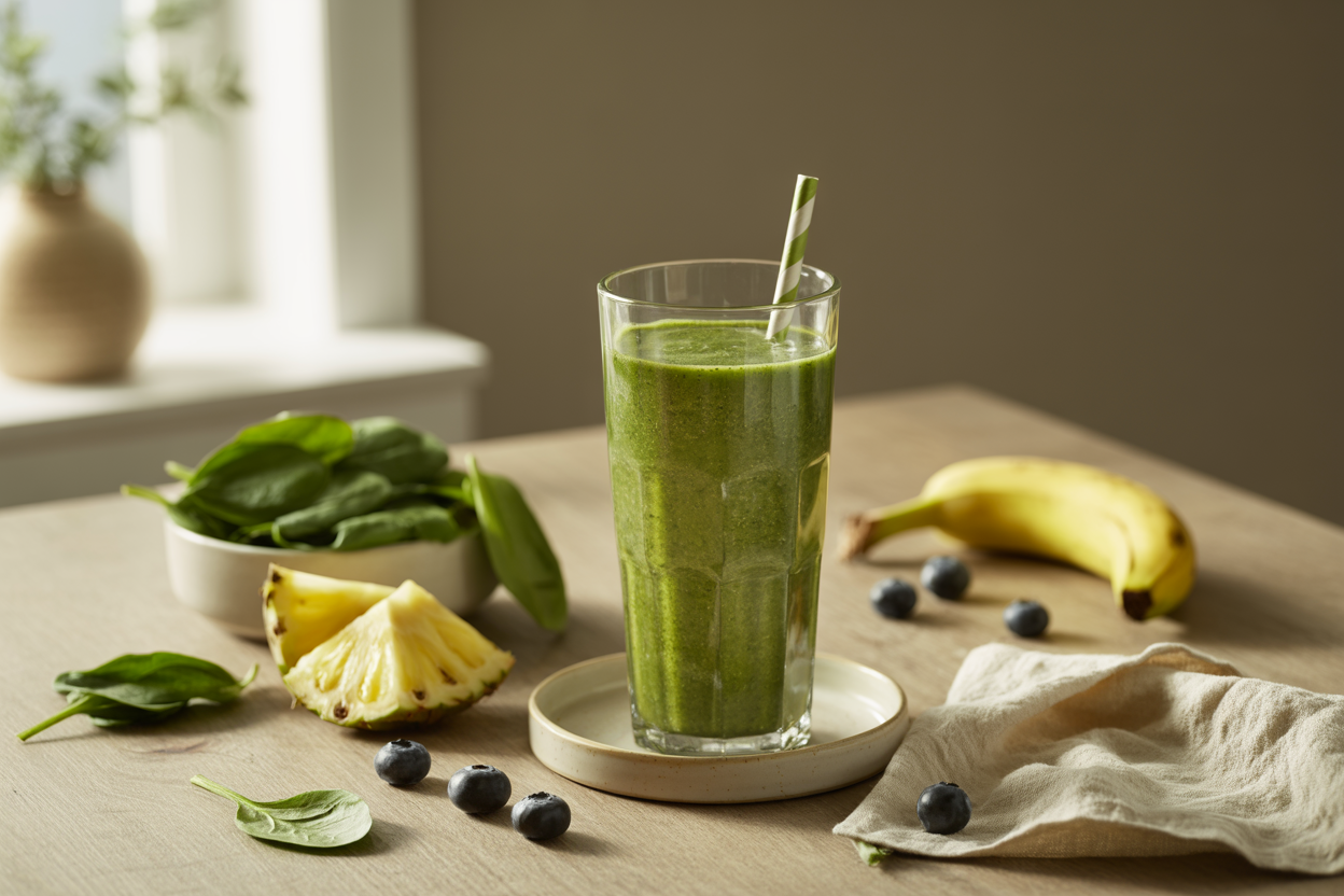 Green smoothie with spinach, pineapple, banana and blueberries