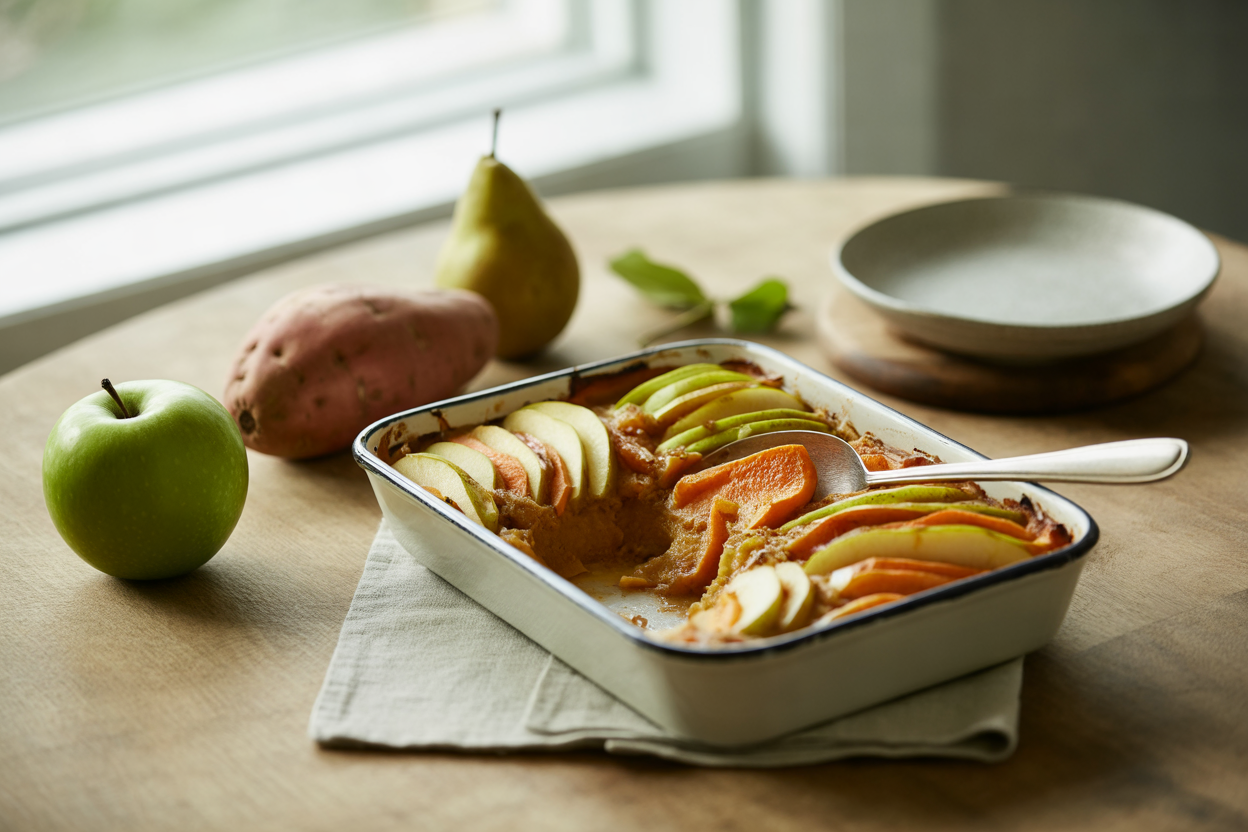 Baked casserole of layered sweet potato, apple and pear slices