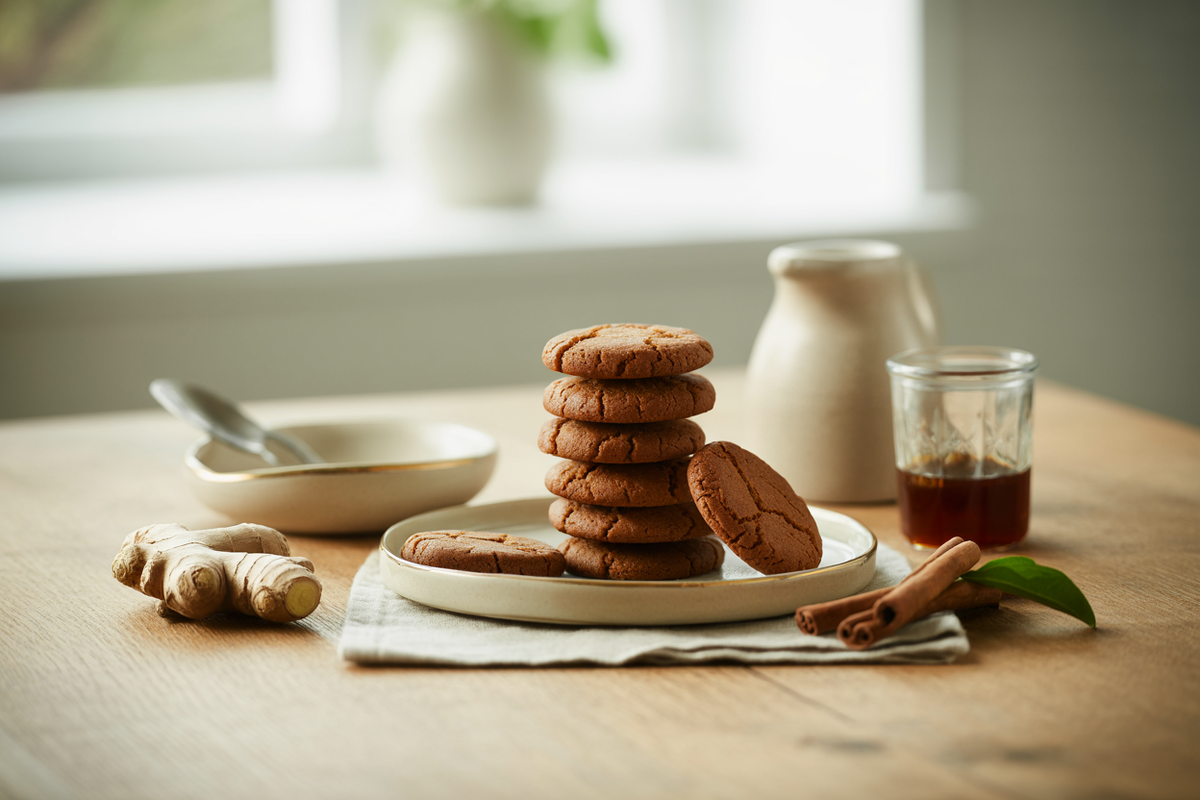 Stack of homemade gingersnap cookies with ginger root and cinnamon sticks