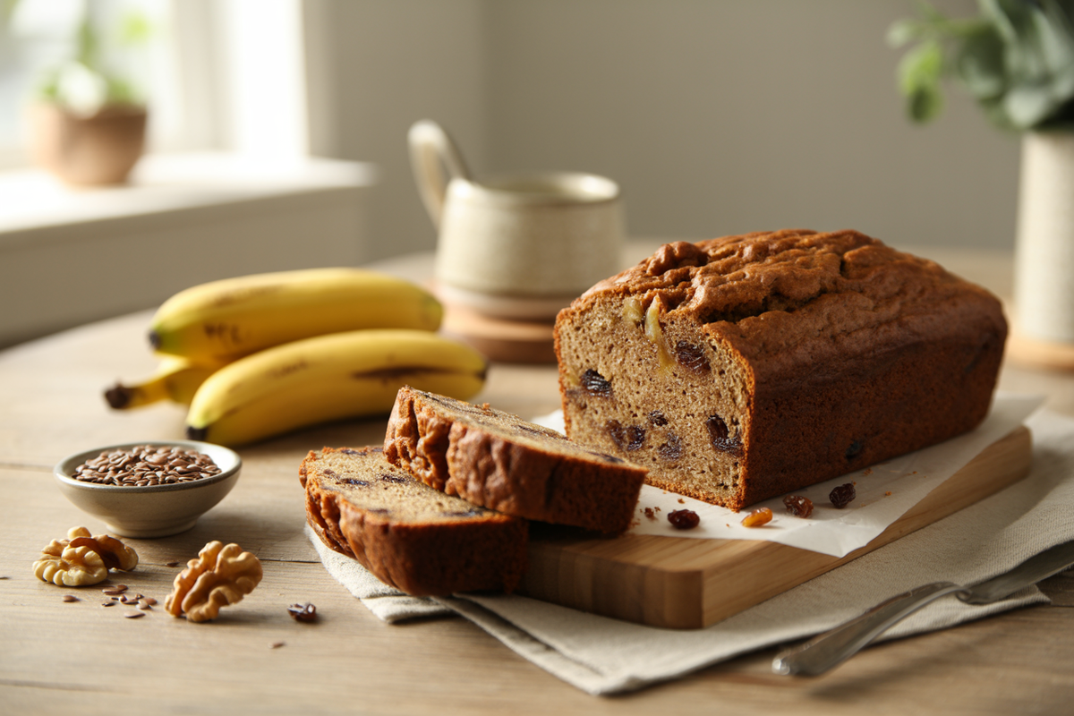 Gluten-free banana bread with walnuts and raisins, sliced