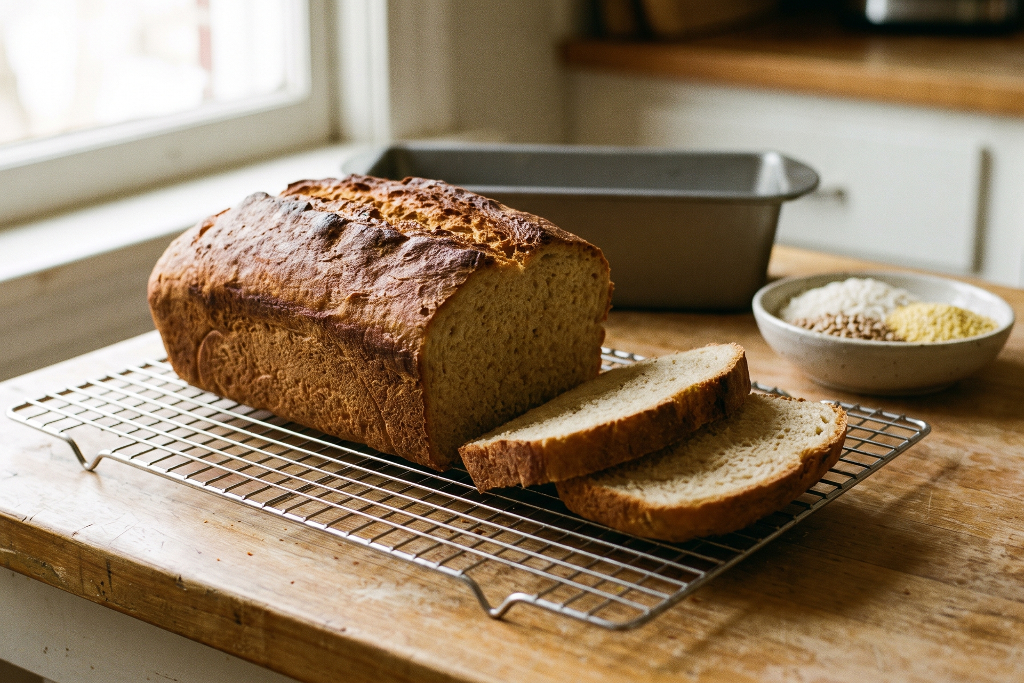 Loaf of gluten-free bread cooling on a wire rack with two slices cut