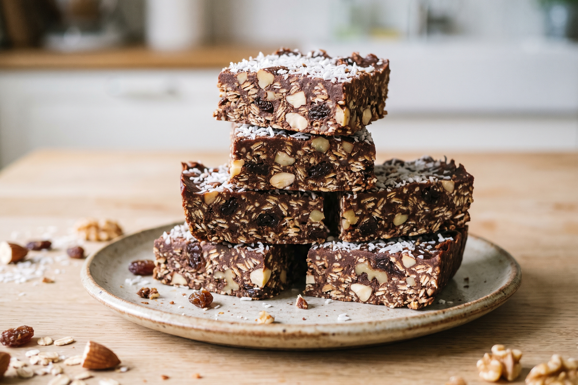 Stack of no-bake gluten-free carob oat bars with coconut and nuts on a cream plate