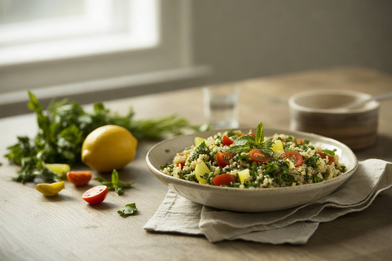 Gluten-free quinoa tabouli with parsley, mint and tomatoes