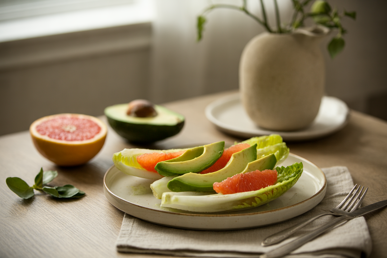Grapefruit and avocado salad on romaine