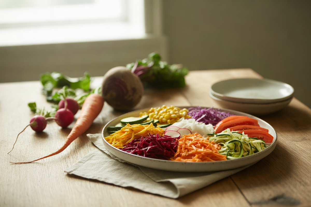 Grated rainbow salad with beets, carrots, squash, cabbage, corn and radishes