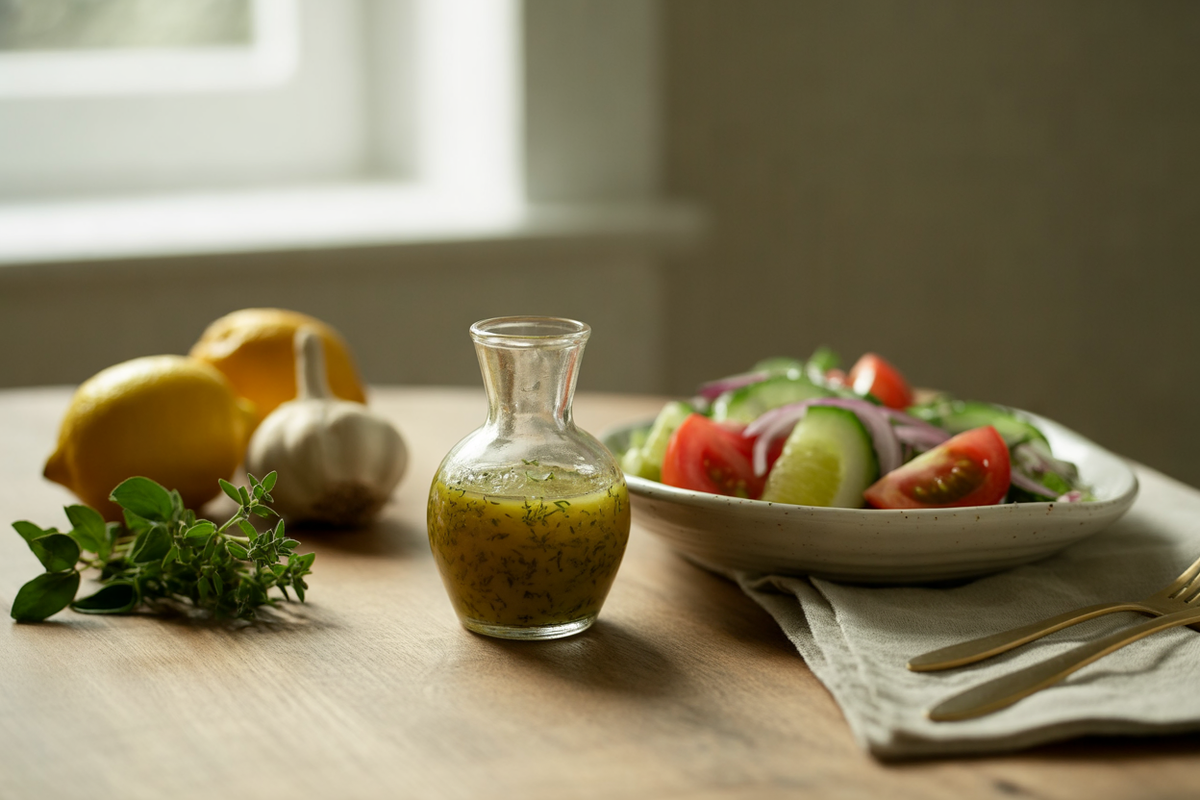 Greek salad dressing with lemon and oregano