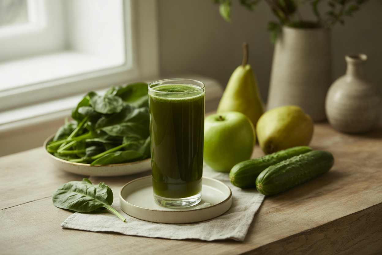 Green Acres juice with spinach, kale, apple, cucumber and pear