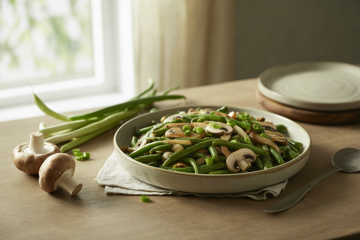 Green beans sauteed with mushrooms and shallots