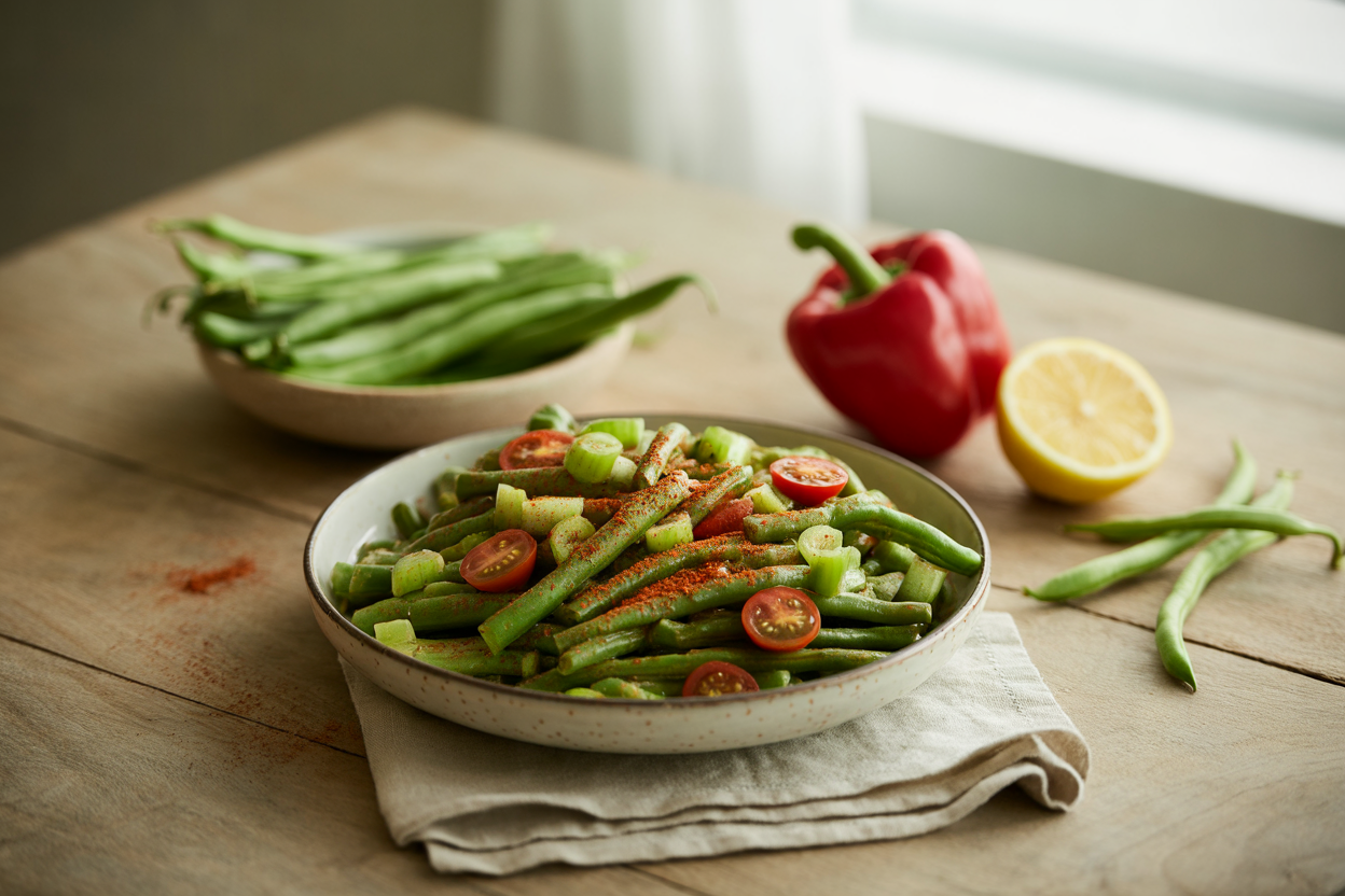 Green bean salad with celery, red pepper and cherry tomatoes