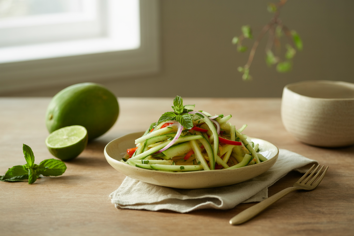 Green mango salad with cucumber, red pepper, mint and basil