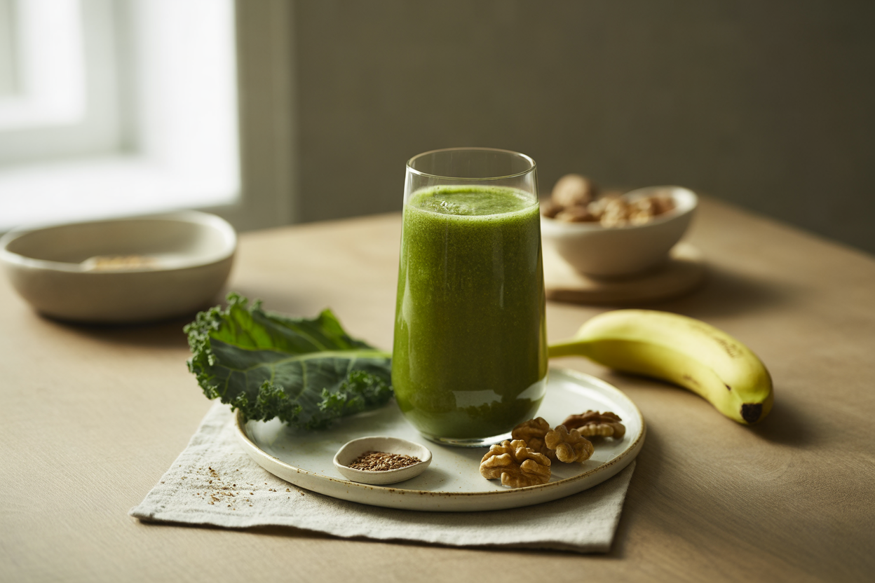 Green smoothie with kale, spinach, banana and walnuts