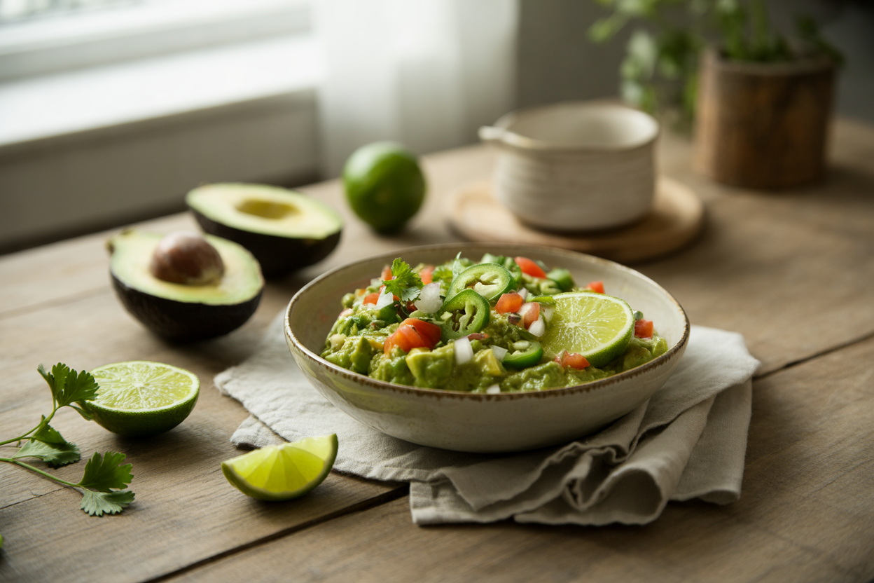 Chunky guacamole with tomato, onion, jalapeño and cilantro