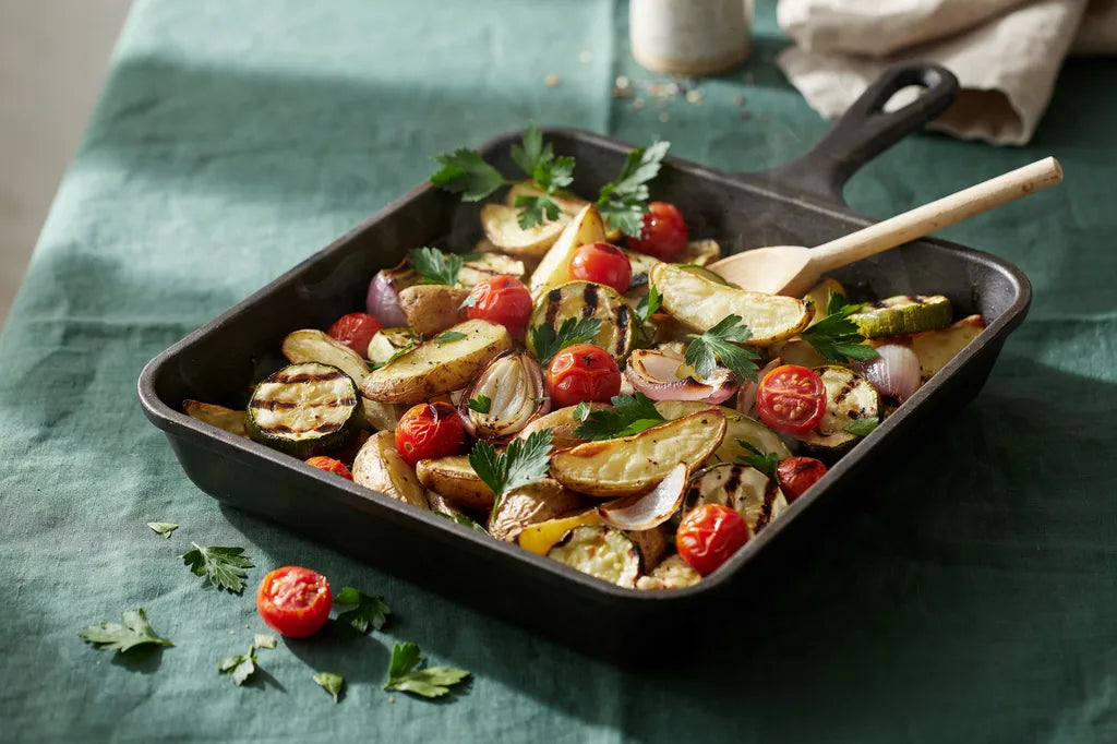 Family Friendly Roasted Vegetables - a roasting pan of colorful roasted vegetables