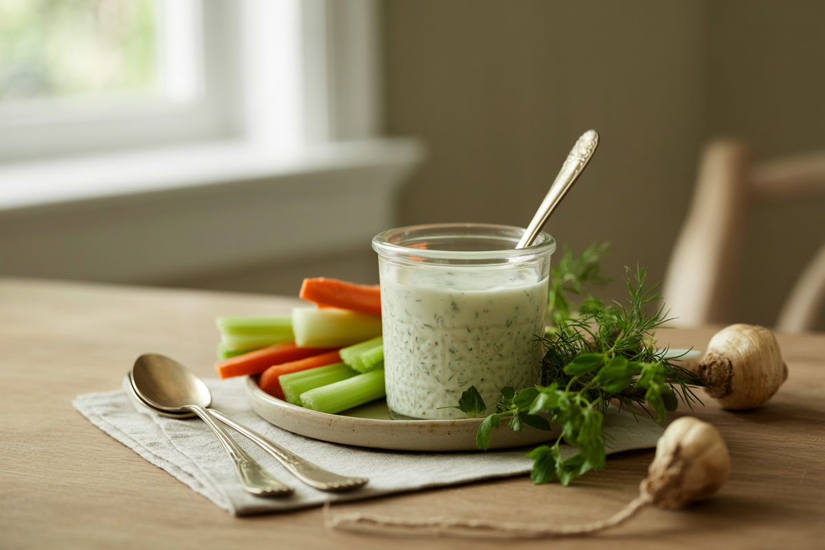 Creamy herb ranch dressing in a glass jar with carrot and celery sticks