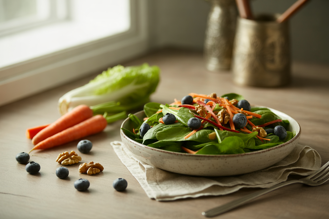 Spinach salad with blueberries, carrots, walnuts and red pepper