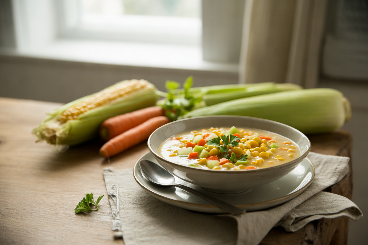 Hallelujah corn chowder with carrots and celery