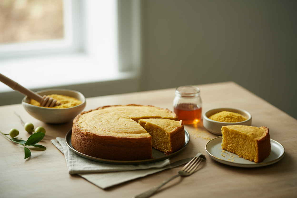 Hallelujah cornbread cut into wedges with a jar of honey