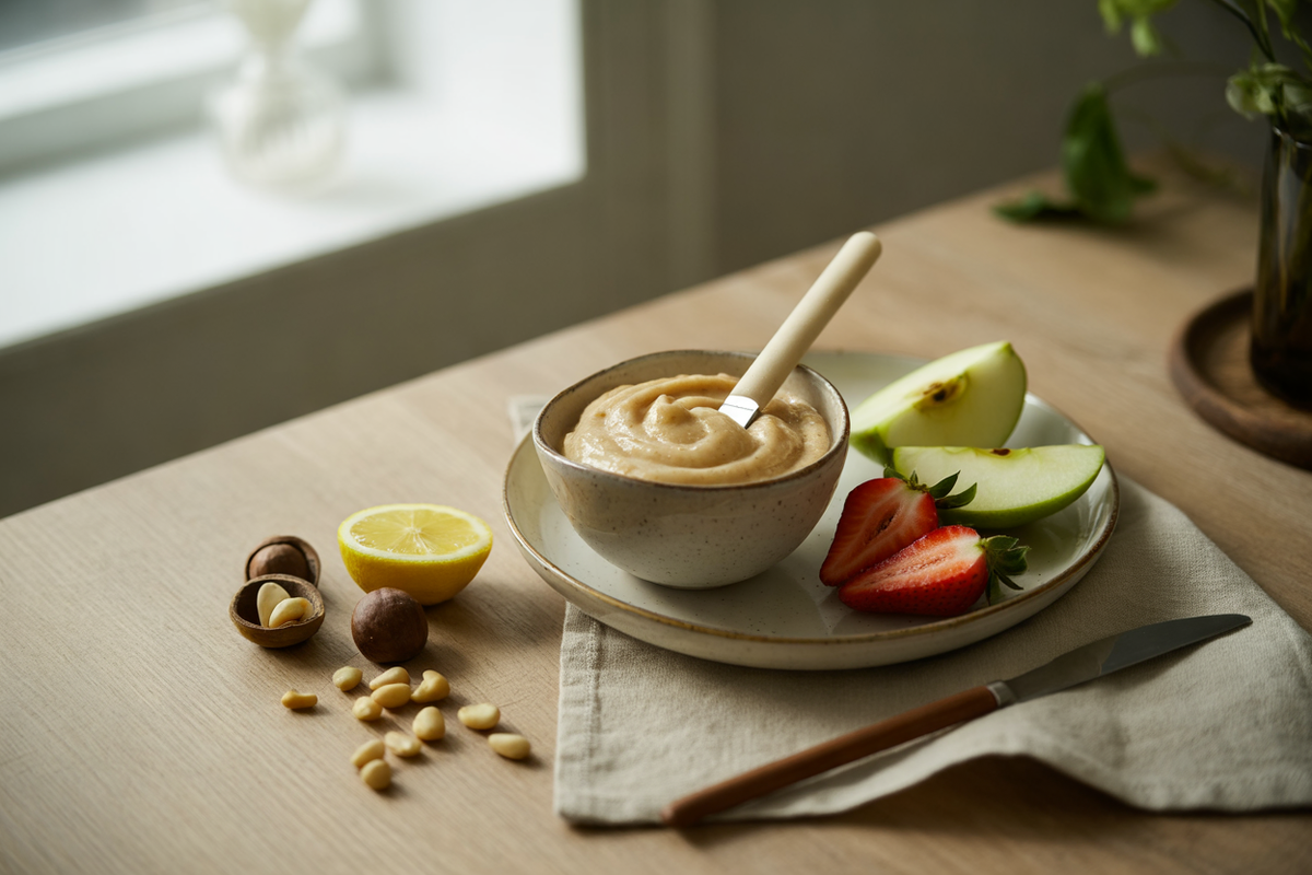 Vegan macadamia and pine nut cream cheese spread with fresh fruit