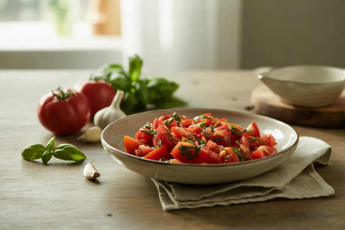 Raw basil tomato salad with garlic and olive oil