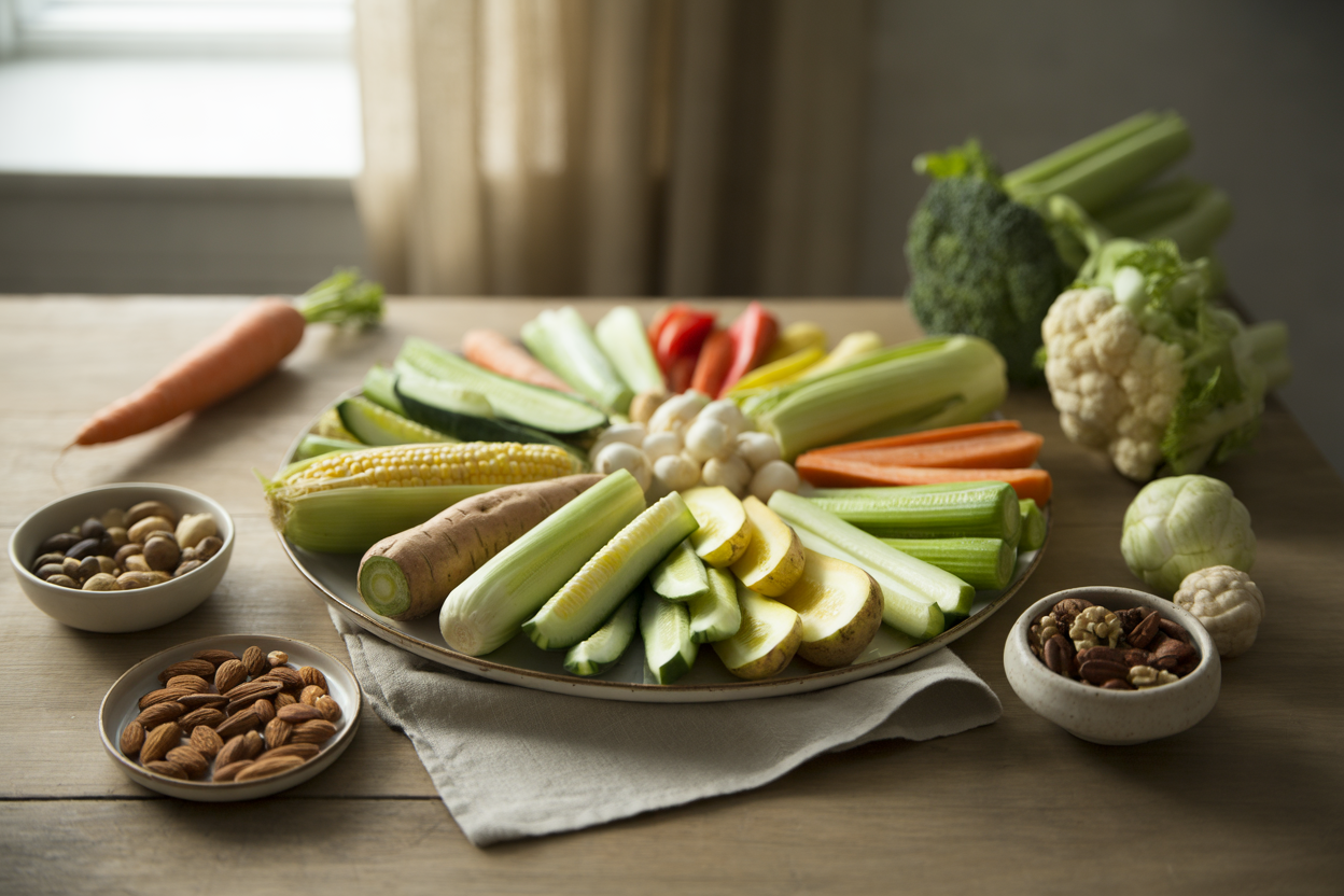 Raw vegetable and nut platter for a simple supper