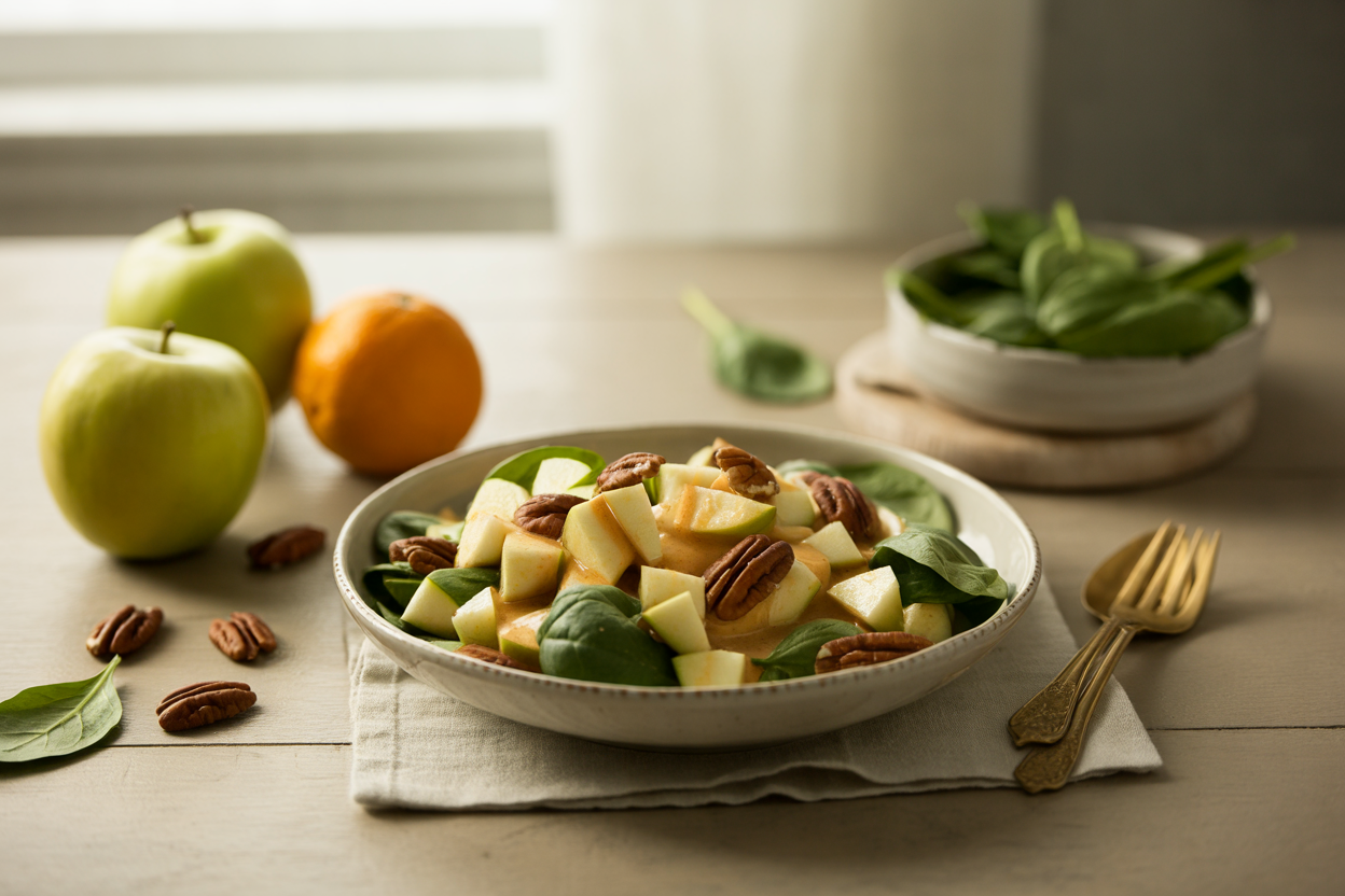 Apple, pecan and greens salad with orange dressing
