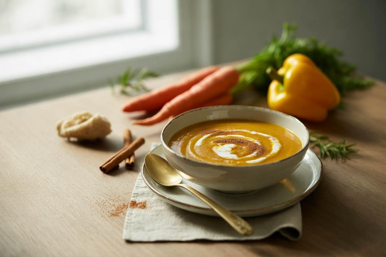 Autumn gold carrot soup with almond cream swirl