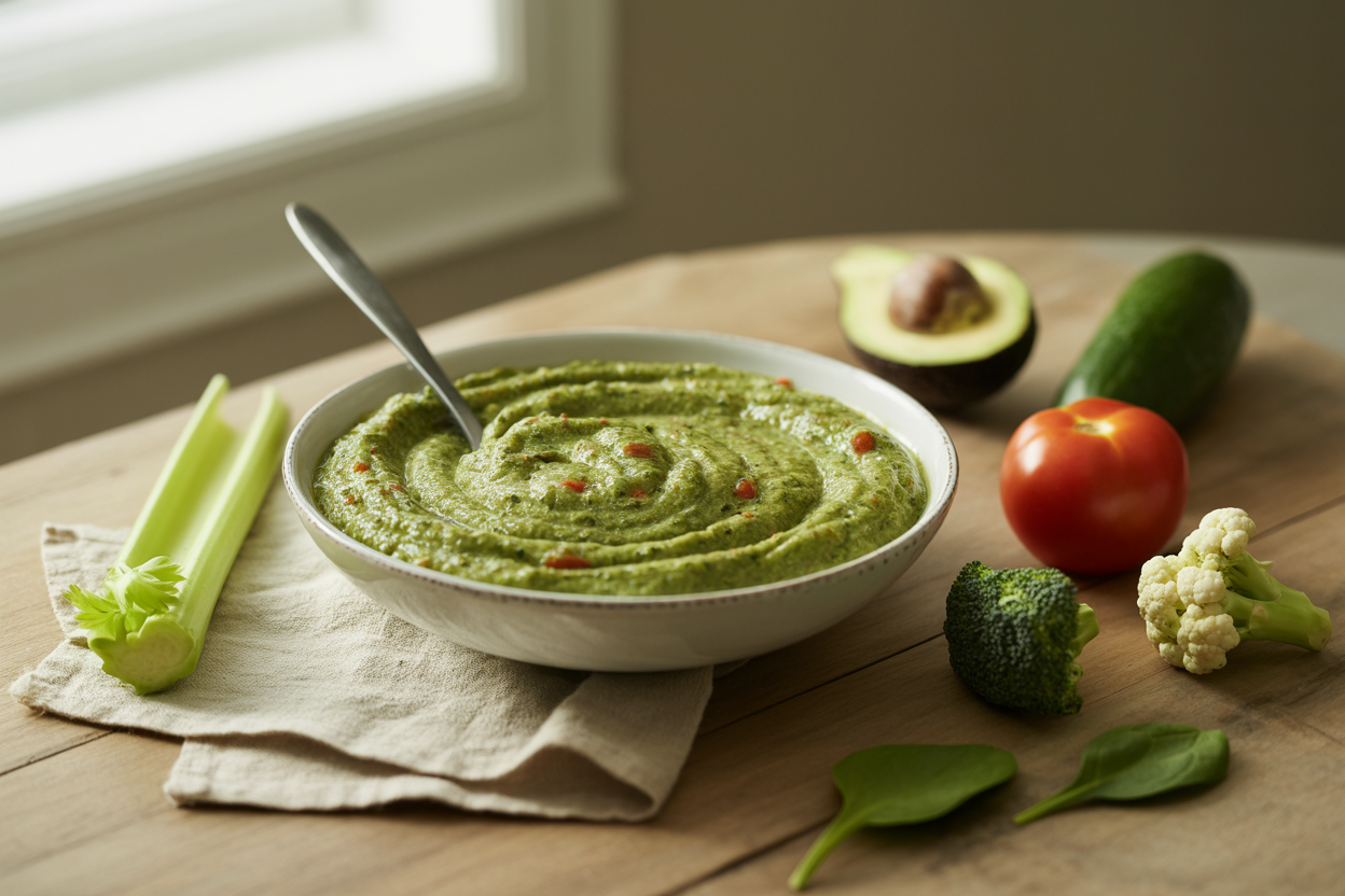 Bowl of thick green blended salad with a celery stick, tomato, avocado and spinach