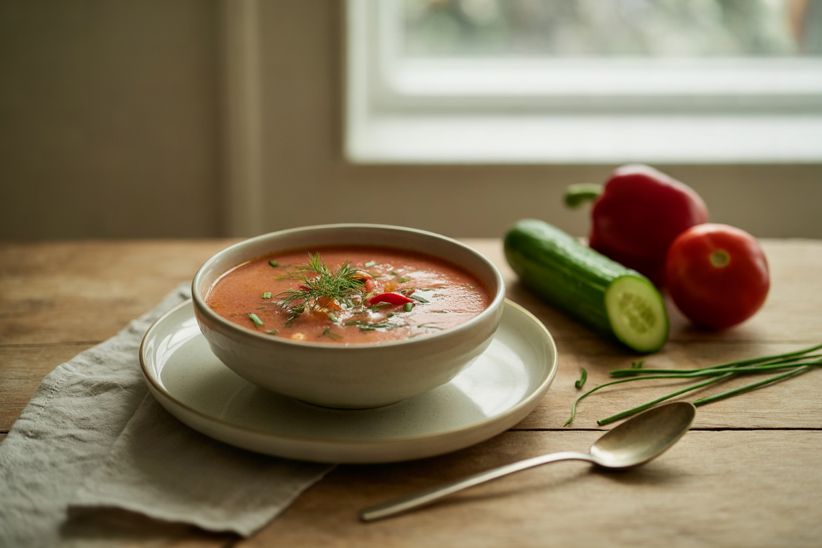Blushing tomato soup with dill and chives