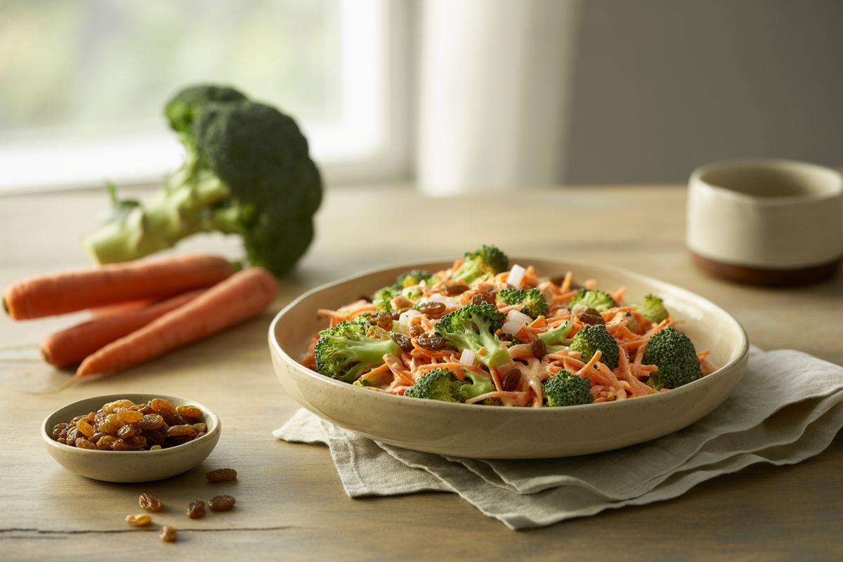 Carrot broccoli maple salad with raisins and sunflower seeds in a cream bowl