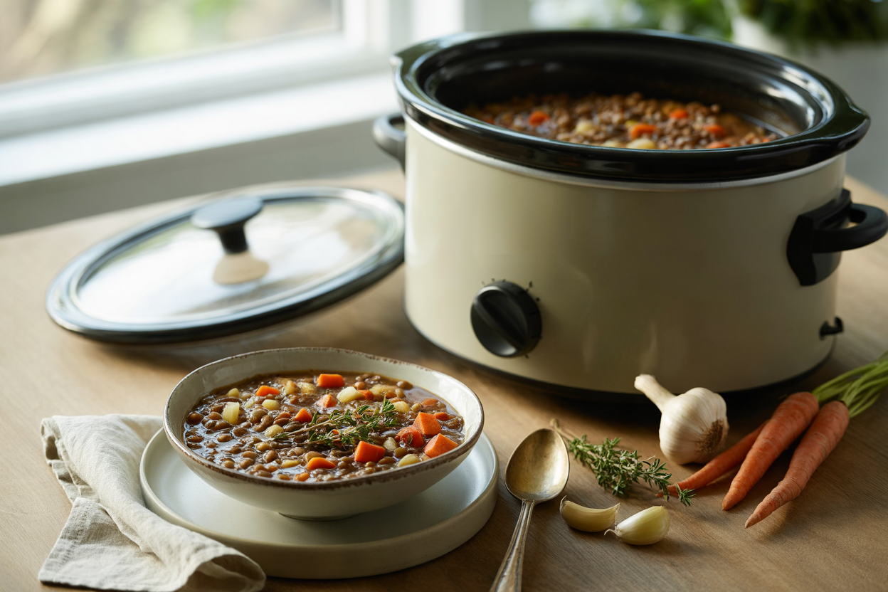 Crock pot lentil stew with carrots and thyme