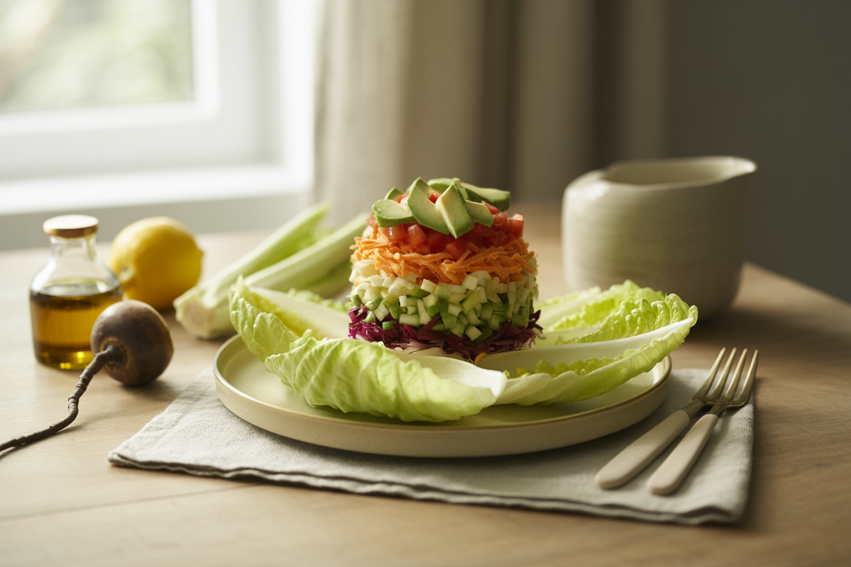 Dr. Walker's salad of grated carrot, beet, cabbage and squash on lettuce with avocado