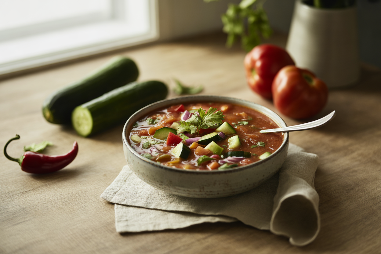 Chunky gazpacho stew with cucumber and cilantro