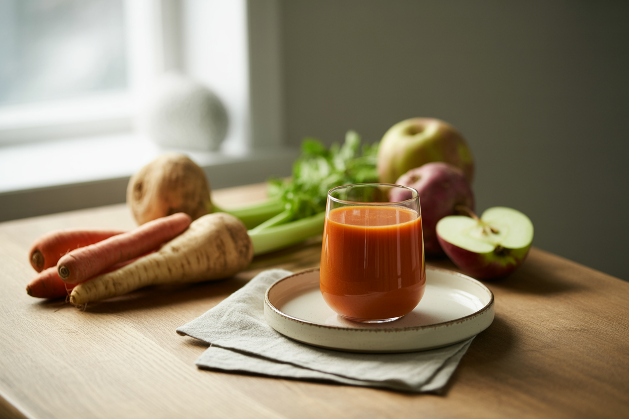 Giddy Up juice with carrot, parsnip, sweet potato and celery