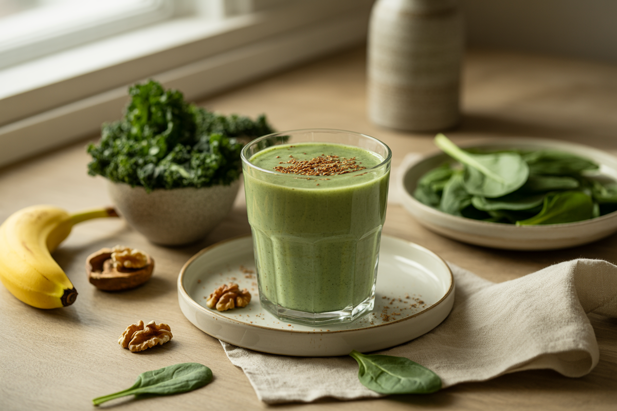 Green drink with kale, spinach, banana and walnuts
