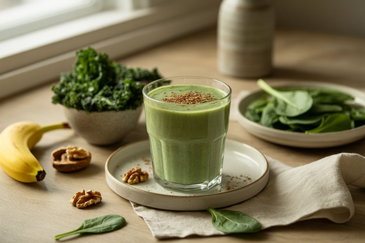 Green drink with kale, spinach, banana and walnuts