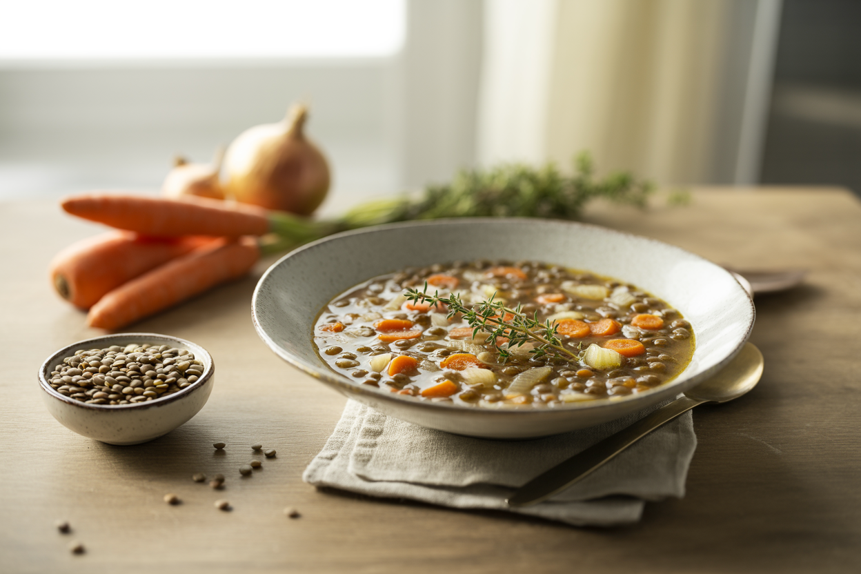 Hearty lentil soup with carrots and onion