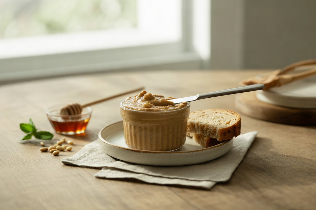 Honey nut butter spread on whole grain bread
