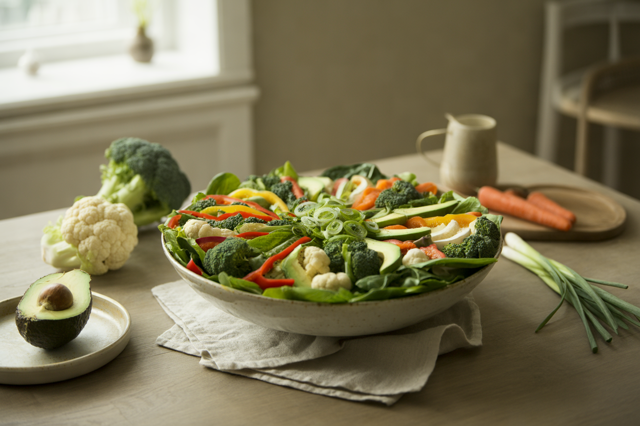 Colorful raw vegetable salad with greens, peppers and avocado