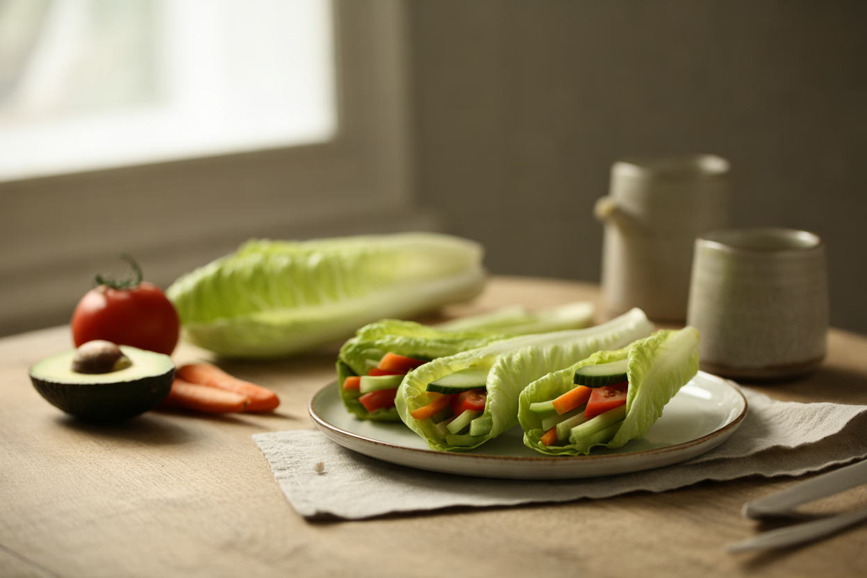 Leaf lettuce roll-ups filled with avocado and fresh vegetables