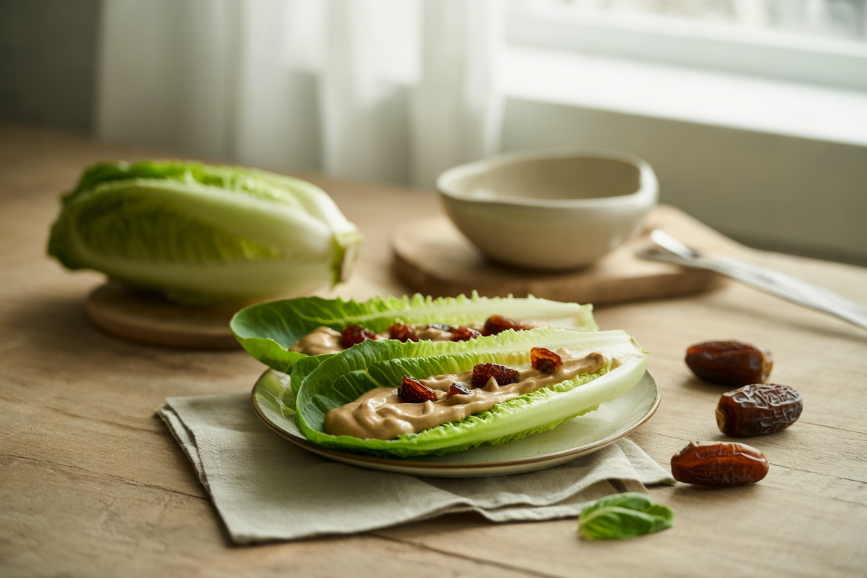 Romaine leaves with tahini and dates