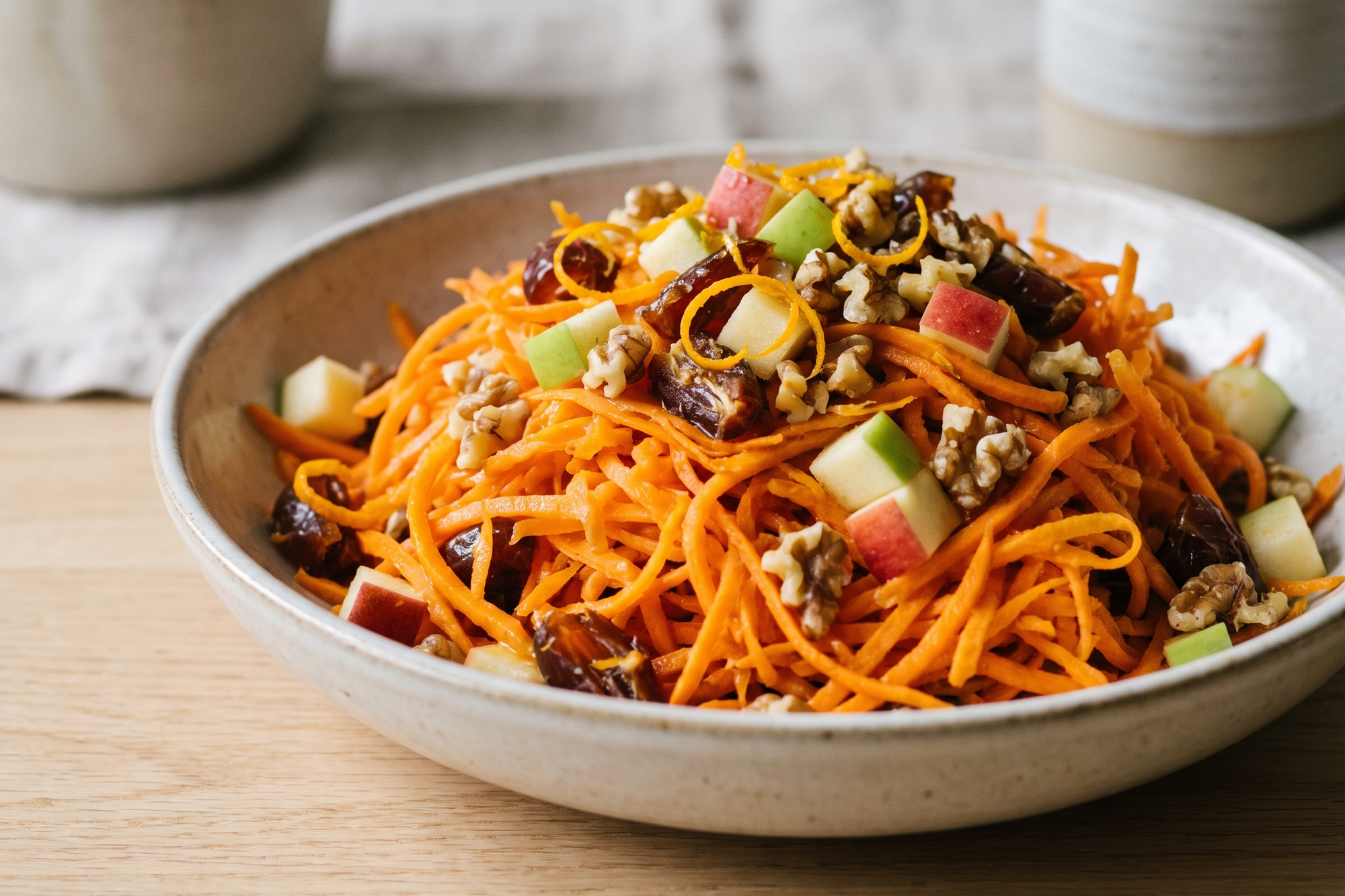 Shredded raw sweet potato salad with apple, walnuts and dried fruit in a white bowl
